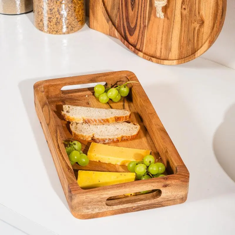 Acacia Wood Rectangular Serving Tray With Natural Grain & Handles 1
