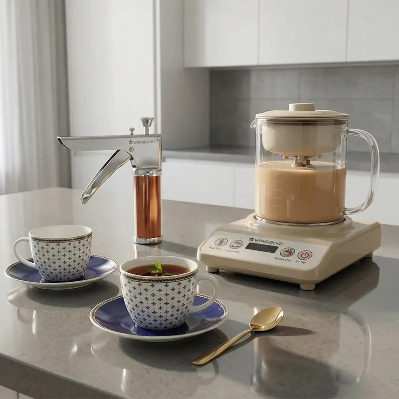 Chai & Snacks Combo – Chai Magic Beverage System, Sicilia Royal Blue Cup & Saucer Set (2 Pcs), 12-Jali Snacks Maker 1