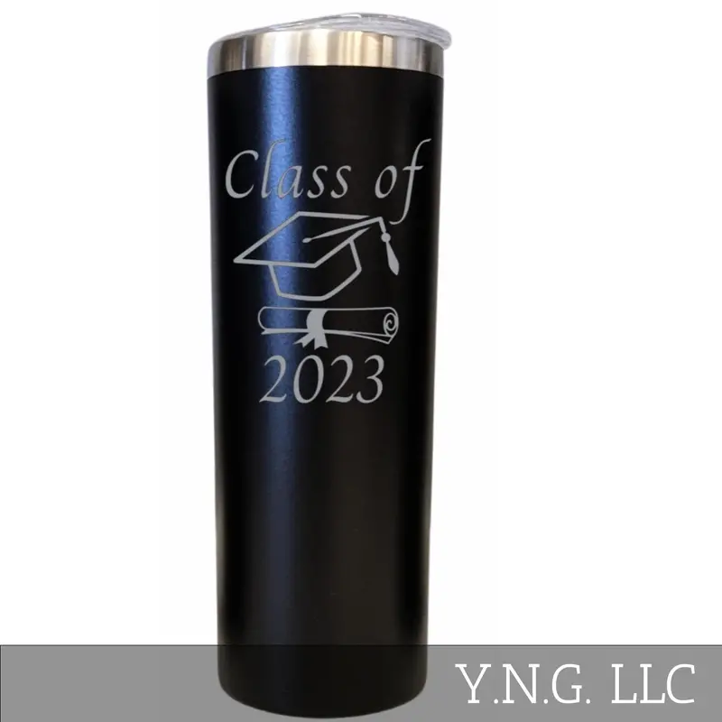 Class Of 2023 Graduation-Themed Black 20 Oz Skinny Tumbler With Cap & Diploma Design 1