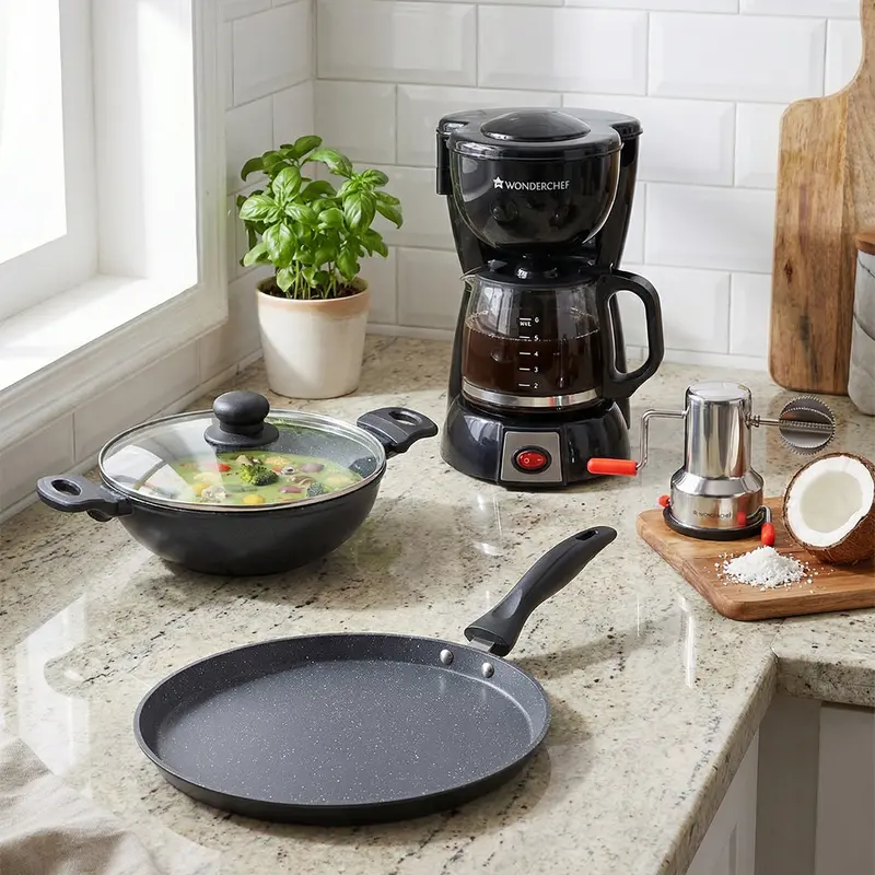 Classic Indian Breakfast Set: Duralite 28Cm Die-Cast Dosa Tawa, Duralite Die-Cast Kadhai With Lid, Onyx Brew Coffee Maker, And Stainless Steel Coconut Scraper 1