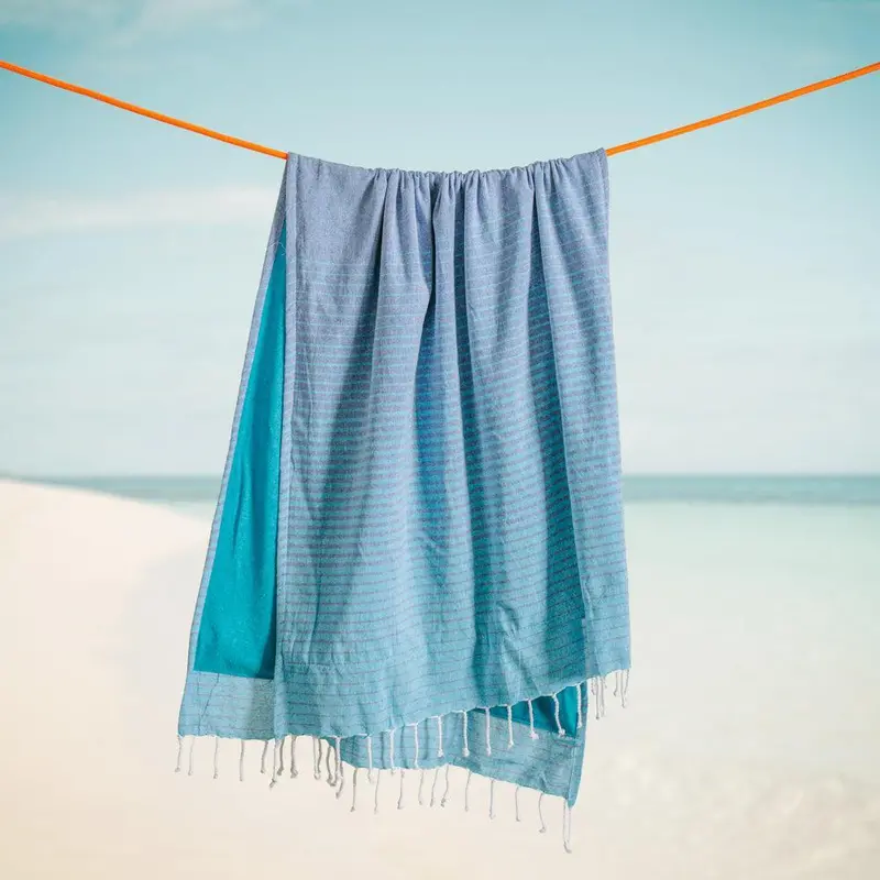 Cotton Bay Cuba Stripe-Backed Fouta Towel – Indigo Blue & Aqua Blend 1