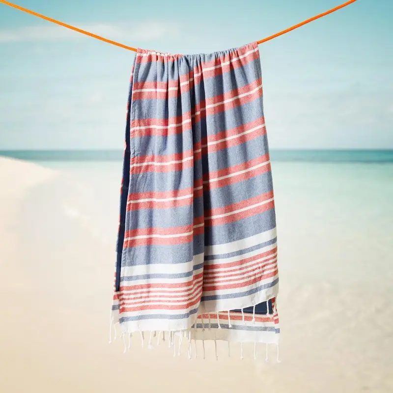 Cotton Bay Unison Stripe Backed Fouta – Indigo Blue & Rust Reversible Towel 1