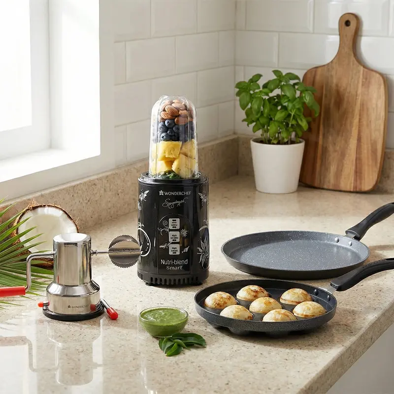 Desi Deluxe Breakfast Bundle: Duralite 28Cm Die-Cast Dosa Tawa, Nutri-Blend Smart Automatic Mixer Grinder, 12-Cavity Non-Stick Appa Kara, And Stainless Steel Coconut Scraper 1