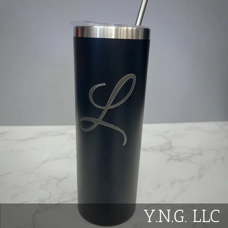 Elegant Script Initial Tumbler – Monogrammed 20Oz Black Skinny Cup La5001 1