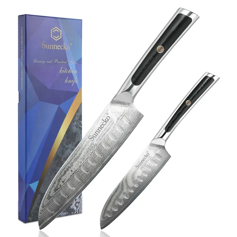 Elite G Series 2-Piece Santoku Set – 5-Inch & 7-Inch Granton-Edged Damascus Knives 1