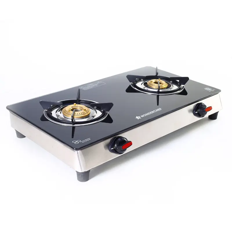 Galaxy 2-Burner Gas Stove – Compact Tri-Pin Brass Burner Setup (1 Medium + 1 Small) | Bis-Approved 6Mm Tempered Glass Top | Reliable Flame Control & Durability 1