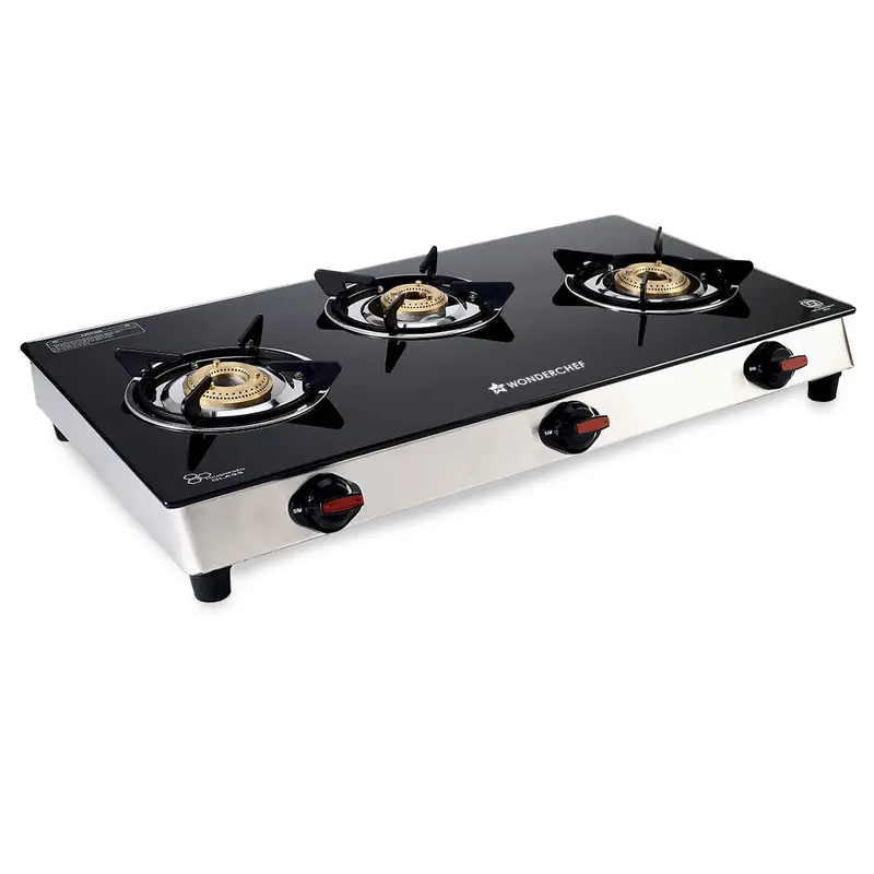 Galaxy 3-Burner Gas Stove – Efficient Tri-Pin Brass Burners | Balanced Configuration (2 Medium + 1 Small) | Premium 6Mm Toughened Glass Surface | 2-Year Coverage 1