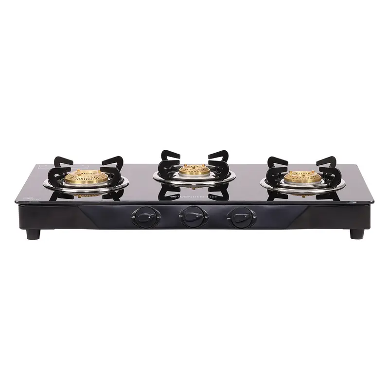 Glory 3-Burner Glass Gas Stove – 8Mm Tempered Black Glass, Ergonomic Knobs & Stainless Drip Tray | Manual Ignition, 2-Year Warranty 1