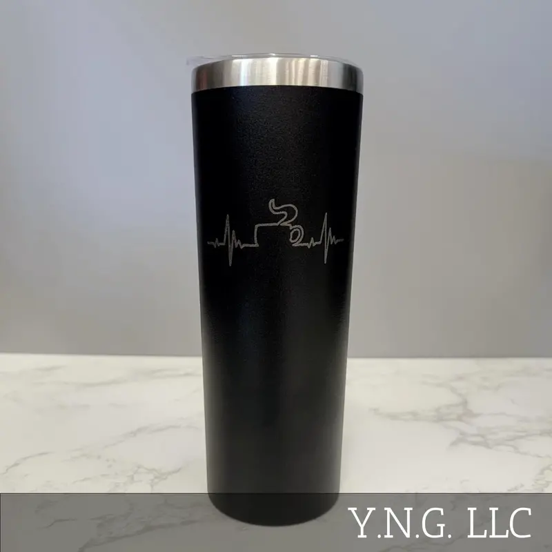 Heartbeat Line Coffee Tumbler – Minimalist Black 20Oz Skinny 1