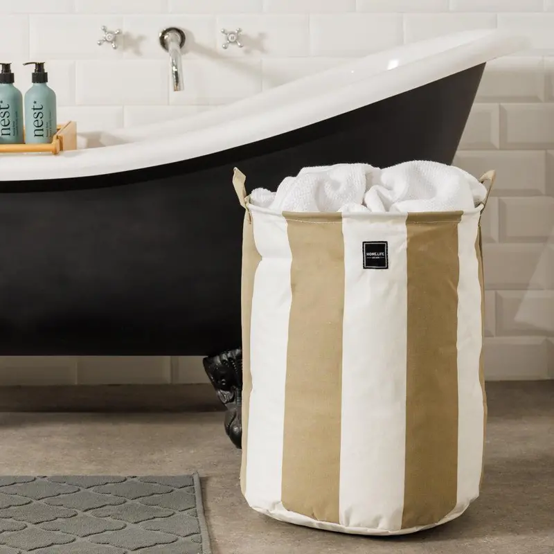 Home.Life Broad-Stripe Canvas Laundry Bag – Stone 1