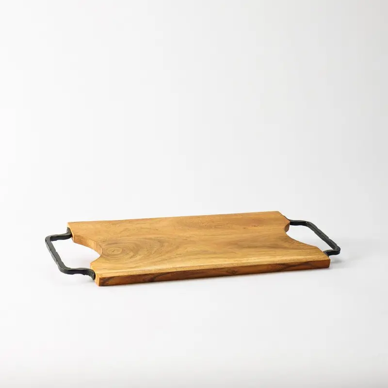 Home.Life Natural Wooden Rectangular Serving Tray With Black Metal Handles 1