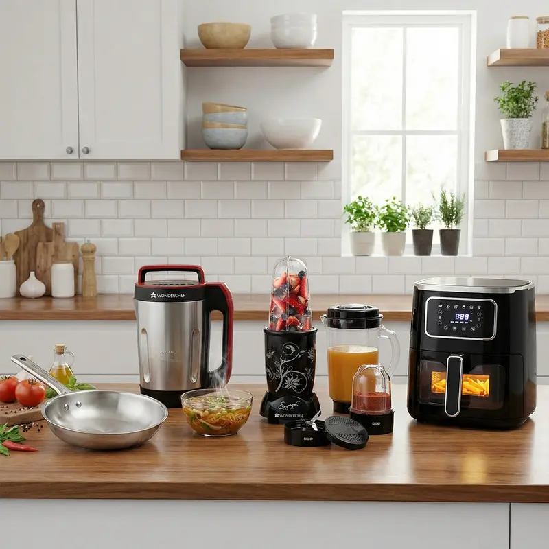 Kitchen Upgrade Pack – Platinum Plus 5L Windowed Air Fryer, Nutri-Blend 500W Mixer Grinder, And Stella Triply Stainless Steel Fry Pan 1