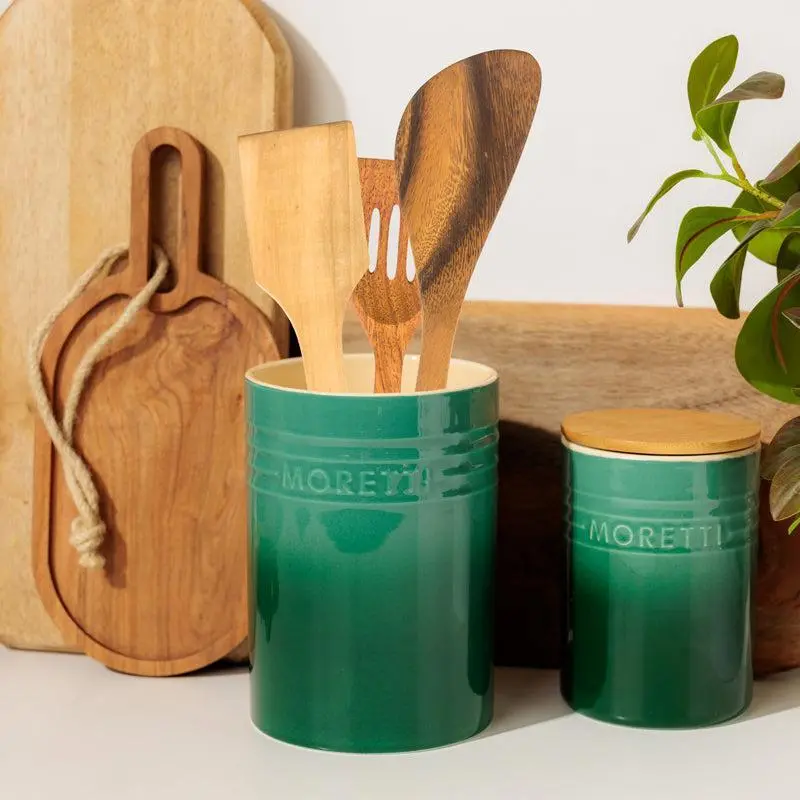 Moss Green Moretti Casa Utensil Holder – Sturdy Ceramic Counter Caddy 1