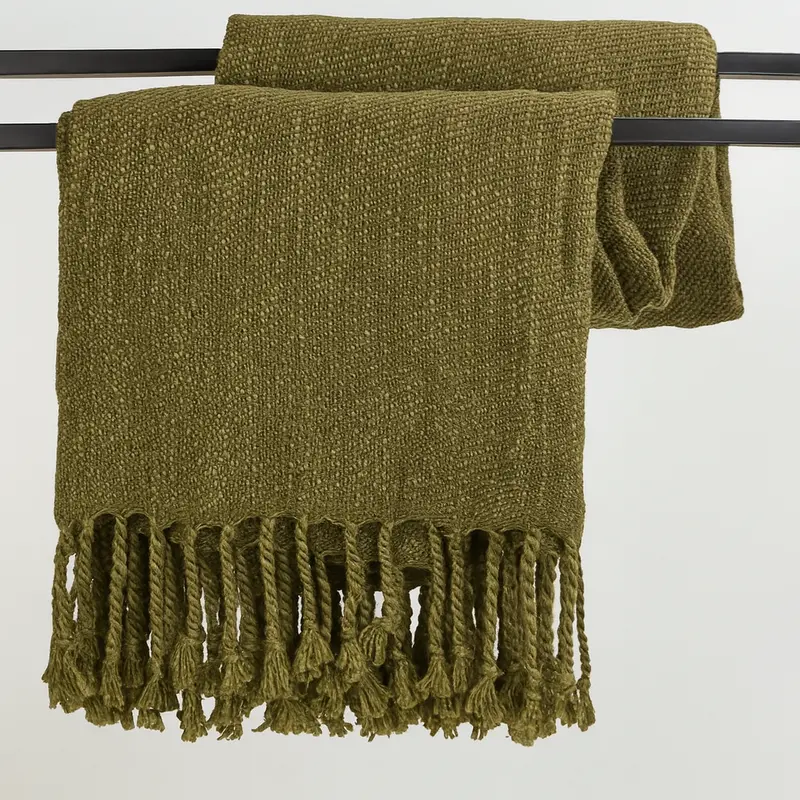 Olive Green Woven Fringed Throw Blanket – Classic Textured Accent 1