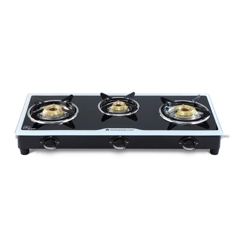 Platinum 3-Burner Manual Gas Stove – 6Mm Toughened Black Glass, Stainless Drip Tray & Anti-Skid Legs | 2-Year Warranty 1
