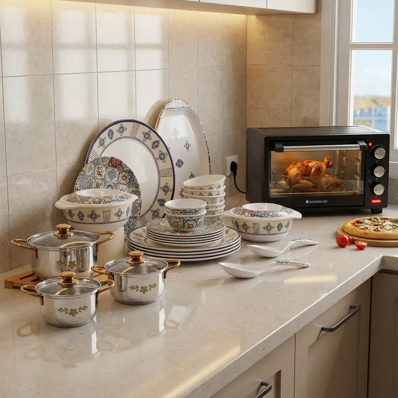 Premium Hosting Collection – 19L Otg Oven, Gold Stanton 3-Piece Casserole Set With Glass Lids, And Venice Blue 31-Piece Dinnerware Set 1
