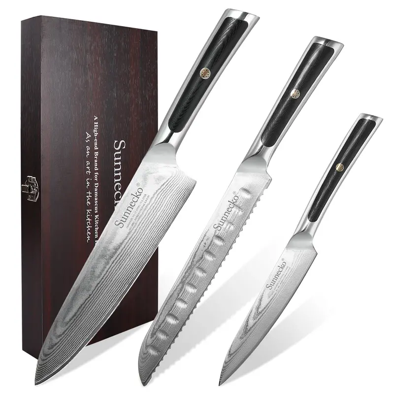 Premium Vg10 Damascus Knife Trio – Chef, Serrated Bread & Utility Blades 1