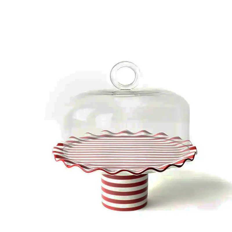 Red Stripe Tiered Cake Stand With Glass Dome Cover 1