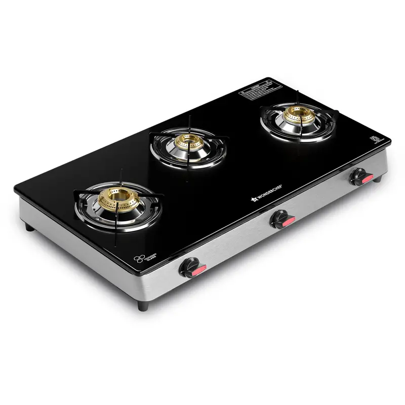Regal 3-Burner Glass-Top Gas Stove – Isi-Certified 8Mm Toughened Glass, Ss Frame, Spill-Proof Design & User-Friendly Knobs | 2-Year Warranty 1