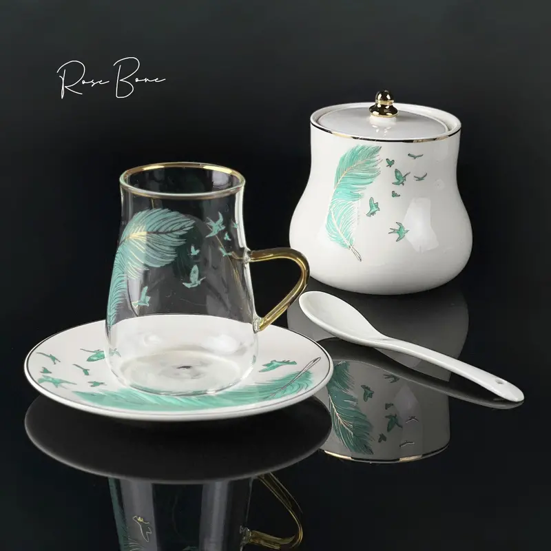 Rose Bon Elegant Tea Serving Set With Sugar Bowl – Ceramic Istikana Style 1