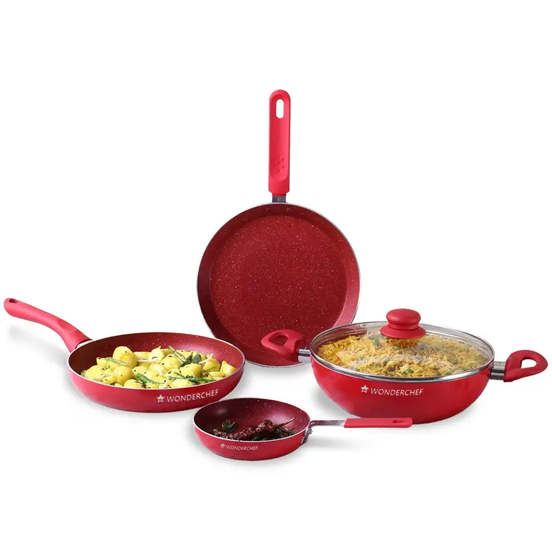 Royal Velvet 5-Piece Non-Stick Cookware Set | Fry Pan W/ Lid, Wok, Dosa Tawa, Mini Pan | Induction-Ready | Soft-Grip Handles | Virgin Aluminum | Pfoa & Heavy Metal Free | 3 Mm Thickness | Red 1