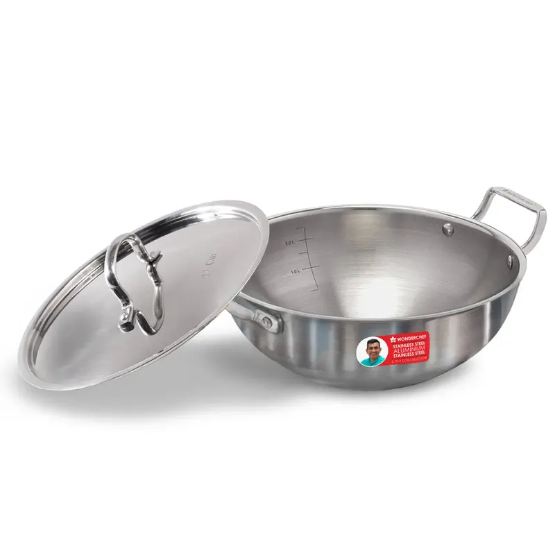 Stella Triply Stainless Steel 24 Cm Kadhai With Lid – 3L, Even Heating, Heavy-Duty Handle, 10-Year Coverage 1