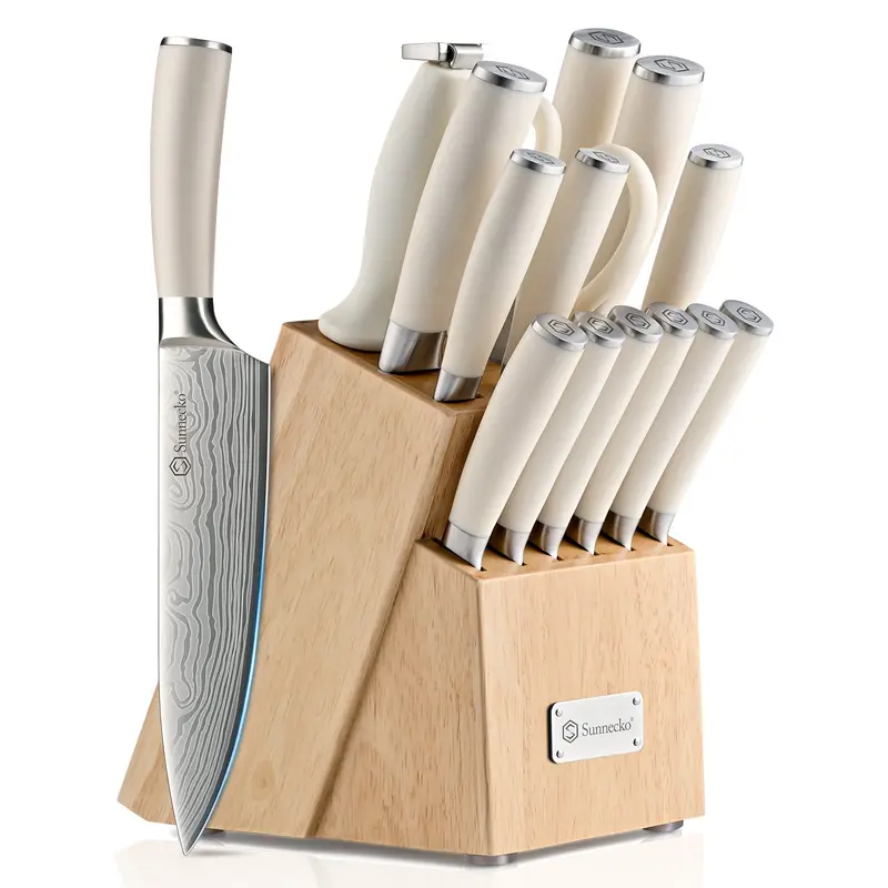 Sunnecko 15-Piece Professional Kitchen Knife Set With Acacia Wood Block & Built-In Sharpener – High-Carbon Stainless Steel Blades, Ergonomic White Handles 1