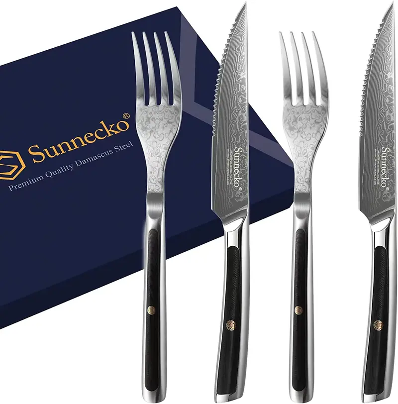 Sunnecko 4-Piece Damascus Steak Knife And Fork Set – Serrated Edge, Elegant Finish 1