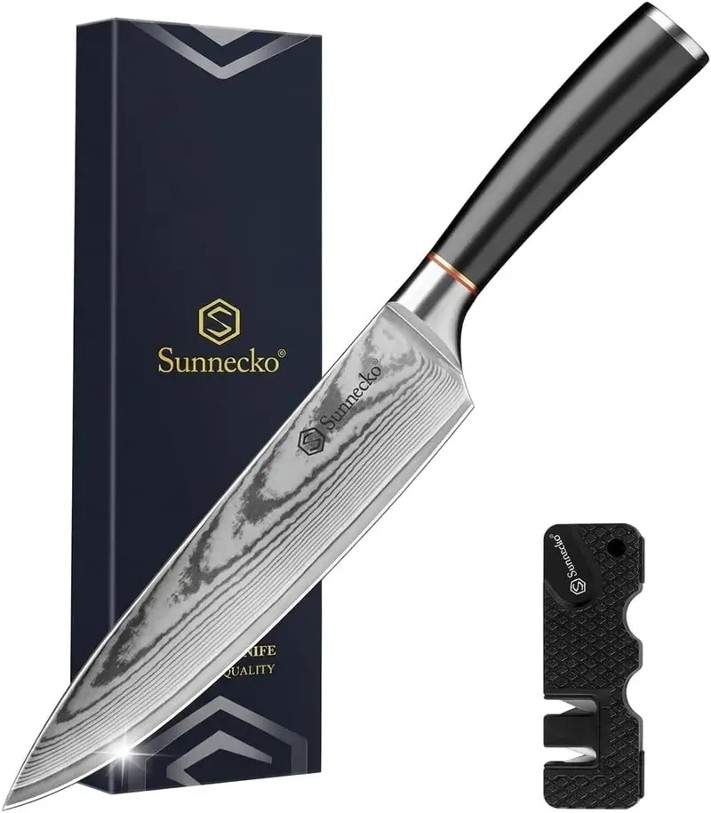 Sunnecko 8-Inch Vg-10 Damascus Chef Knife – Premium Forged Blade With Integrated Sharpener 1