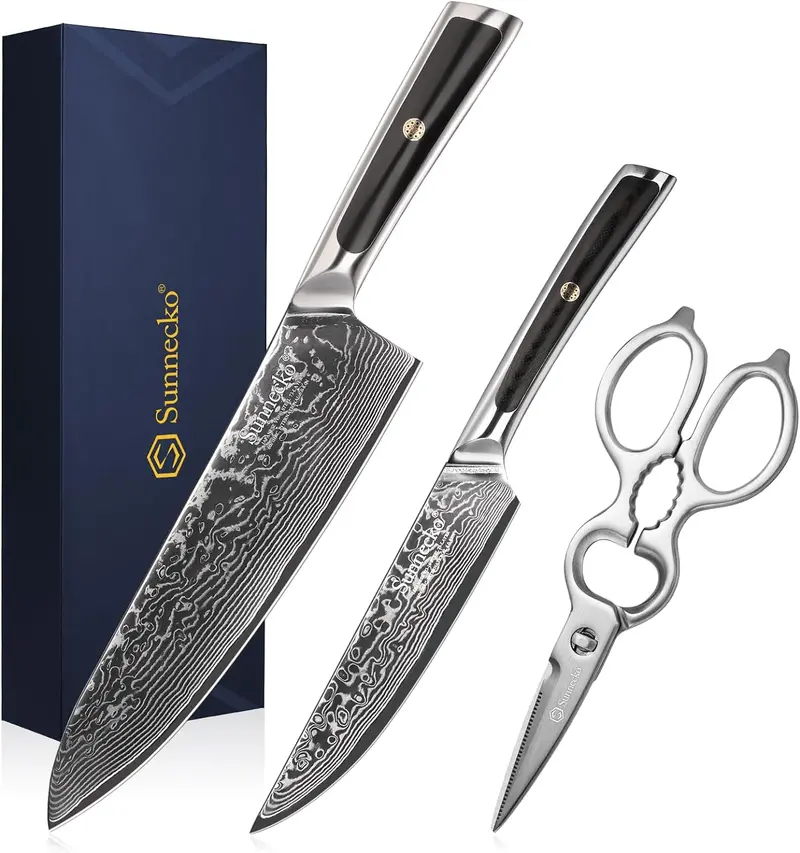 Sunnecko Damascus 3-Piece Knife Set With Scissors – Minimalist Premium Cutlery Gift For Enthusiasts 1