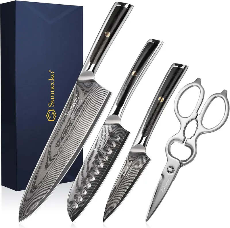 Sunnecko Damascus 4-Piece Knife Set With Scissors – Curated Culinary Gift Featuring Pattern-Welded Steel 1