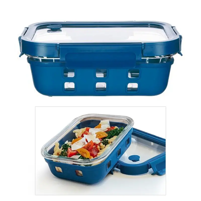 Tempered Glass Food Container With Blue Silicone Sealing Wrap 1