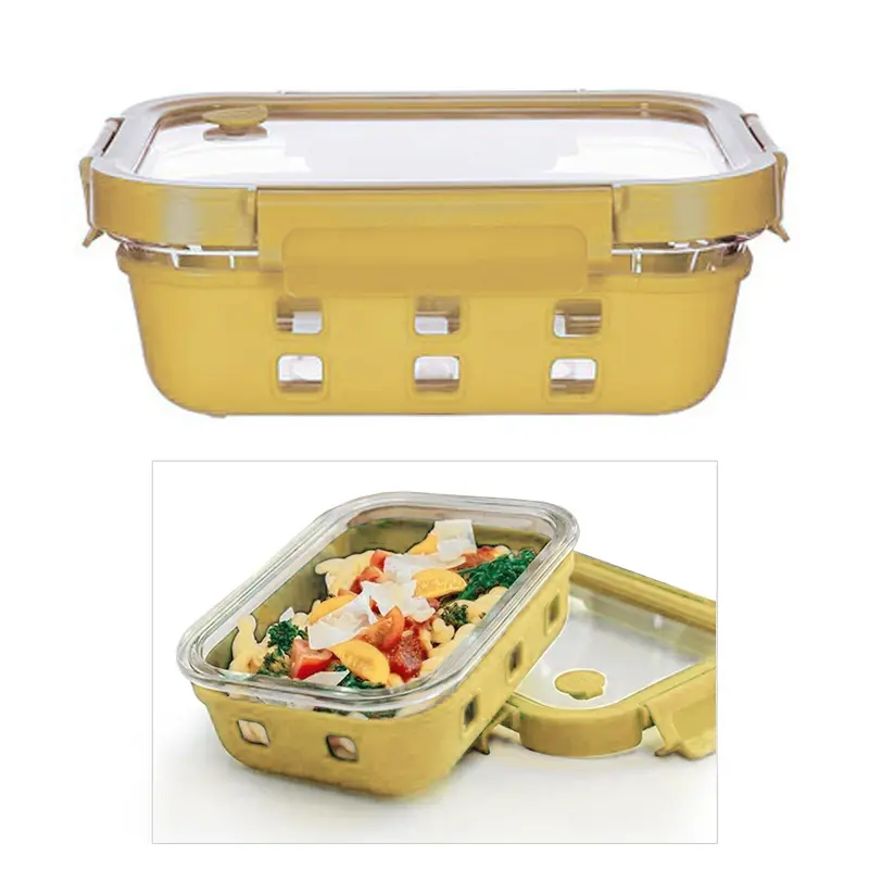 Tempered Glass Food Container With Yellow Silicone Sealing Wrap 1