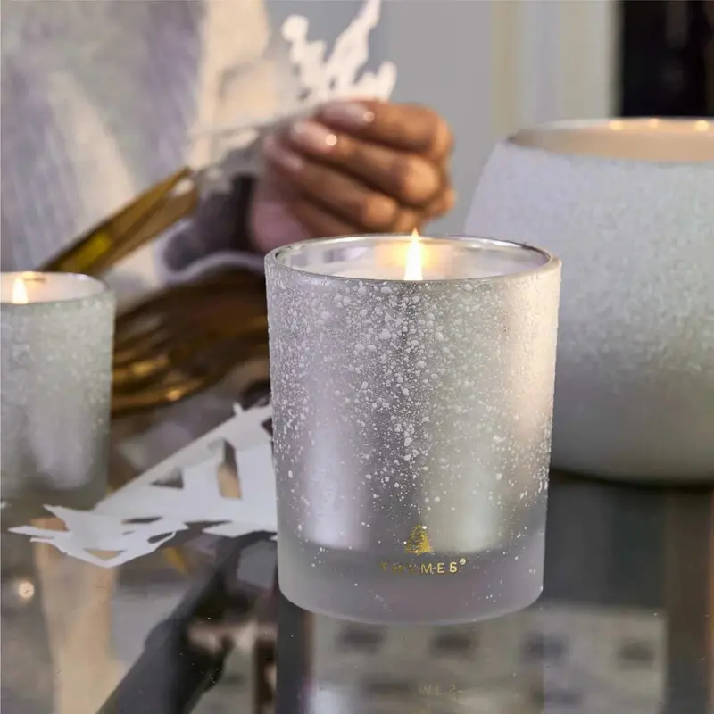 Thymes Frasier Fir Flocked Pillar Candle – Seasonal Aromatherapy Home Decor 1