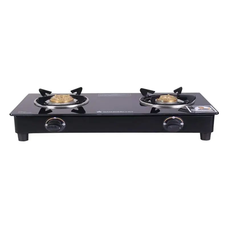 Ultima 2-Burner Manual Ignition Gas Stove – 6Mm Tempered Black Glass, Stainless Steel Drip Tray, Anti-Skid Base, 360° Rotating Nozzles, 2-Year Warranty 1