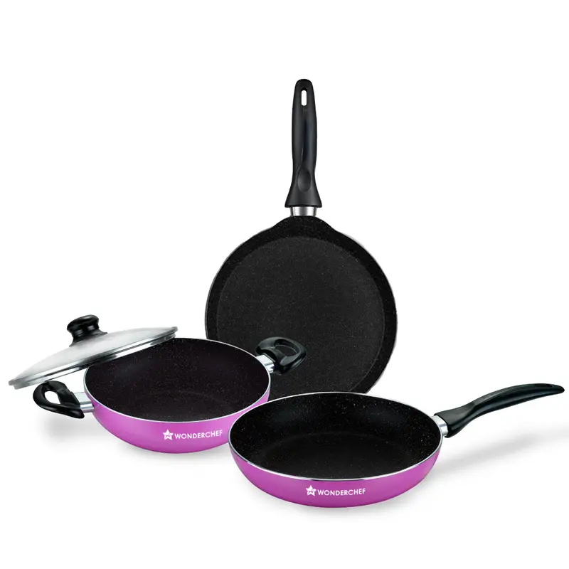 Wonderchef Renewed Athena Aluminium Cookware Set – 24Cm Kadhai, 24Cm Fry Pan, 25Cm Dosa Tawa, Induction-Safe, Bakelite Handles 1