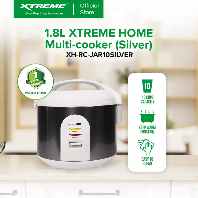 Xtreme Home 1.8L Jar-Style Rice Cooker – 10-Cup Capacity (Silver) 1