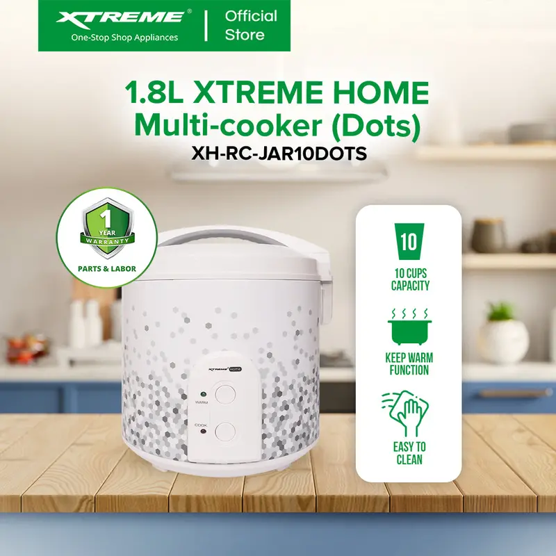 Xtreme Home 1.8L Jar-Style Rice Cooker (10-Cup) With Keep-Warm – Polka Dot 1