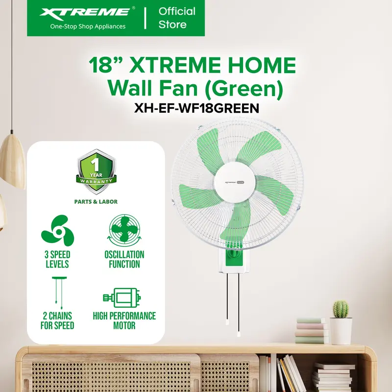 Xtreme Home 18-Inch Green Wall-Mount Fan – Energy-Efficient Oscillating Model 1