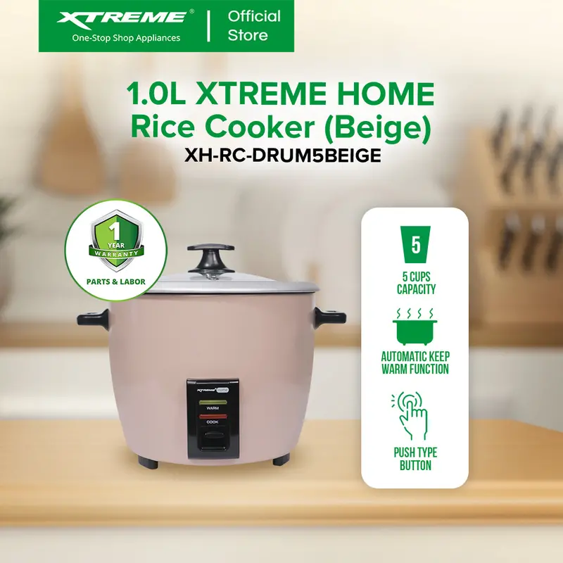 Xtreme Home 1L Drum-Style Rice Cooker (5-Cup) With Auto Keep-Warm – Beige 1