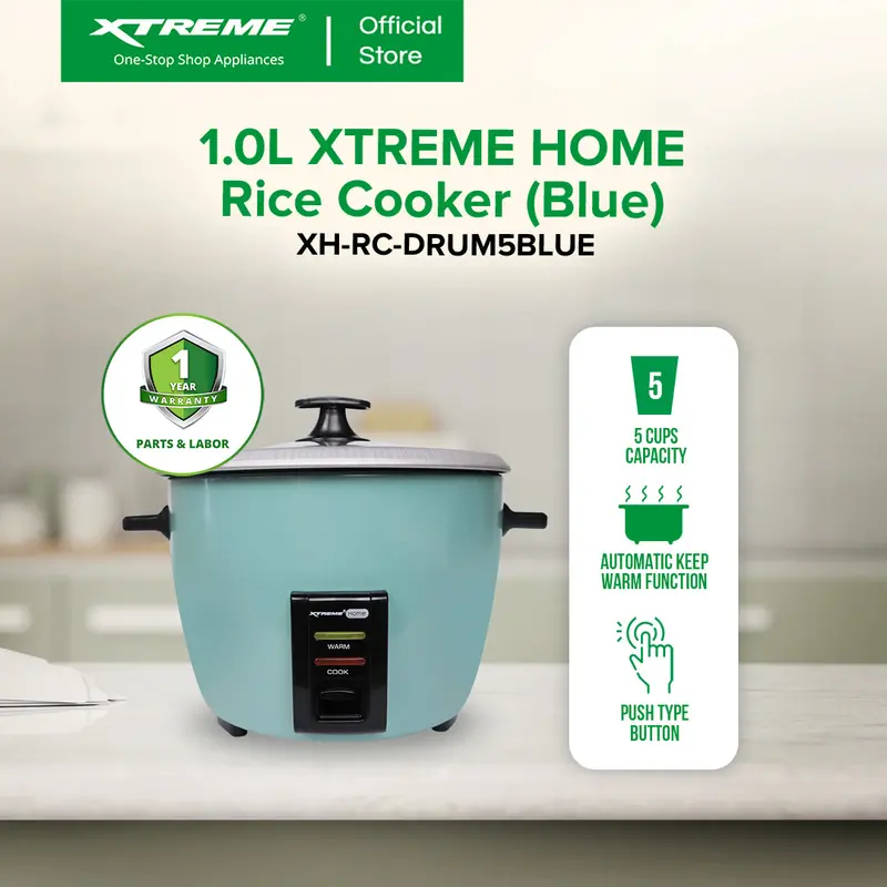 Xtreme Home 1L Drum-Style Rice Cooker (5-Cup) With Auto Keep-Warm – Blue 1