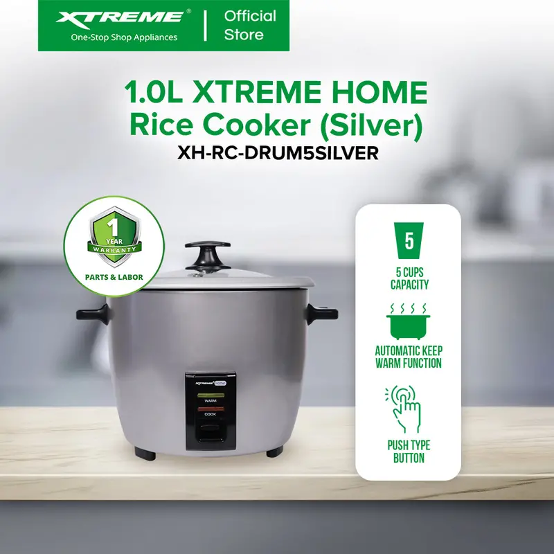 Xtreme Home 1L Drum-Style Rice Cooker (5-Cup) With Auto Keep-Warm – Silver 1