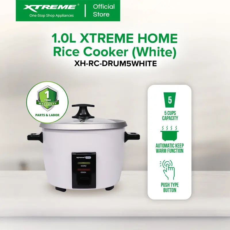 Xtreme Home 1L Drum-Style Rice Cooker (5-Cup) With Auto Keep-Warm – White 1