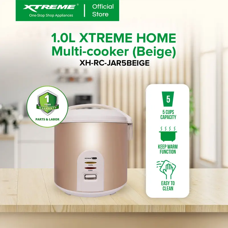Xtreme Home 1L Jar-Style Rice Cooker (5-Cup) With Keep-Warm – Beige 1