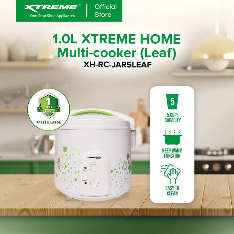 Xtreme Home 1L Jar-Style Rice Cooker (5-Cup) With Keep-Warm – Leaf Print 1