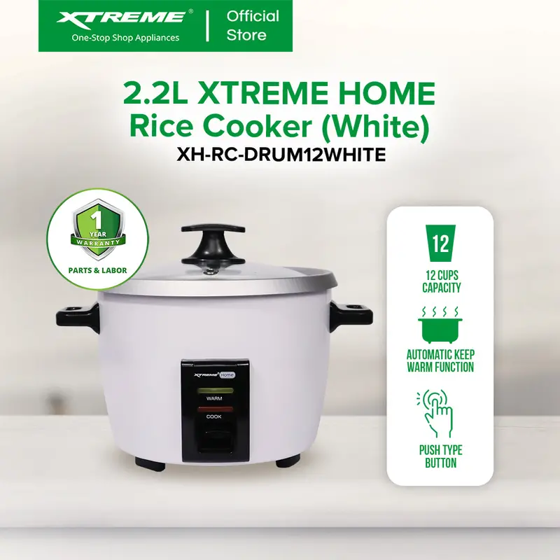 Xtreme Home 2.2L Drum-Style Rice Cooker (12-Cup) With Auto Keep-Warm – White 1