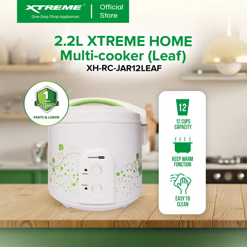 Xtreme Home 2.2L Jar-Style Rice Cooker (12-Cup) With Keep-Warm – Leaf Print 1
