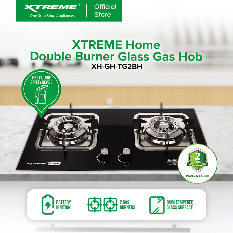 Xtreme Home Dual-Burner Tempered Glass Gas Hob – Easy-Clean Surface 1