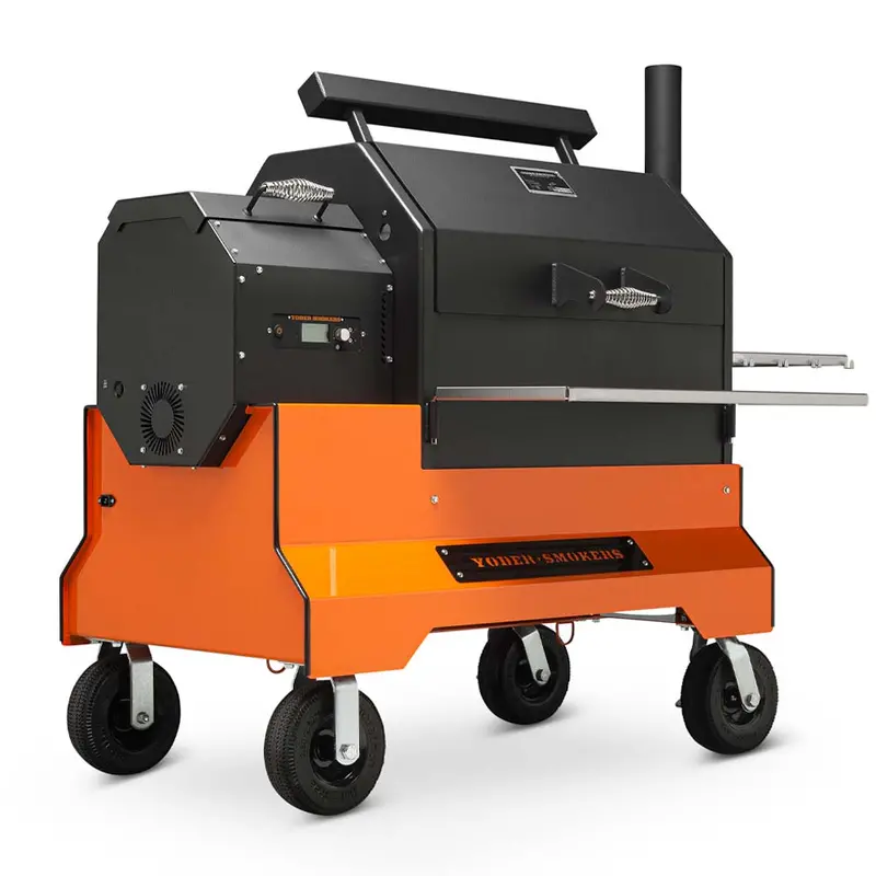 Yoder Smokers Ys640S Comp Pellet Grill In Orange With Stainless Steel Shelves, All-Terrain 10-Inch Wheels, And Dual-Level Slide-Out Cooking 1