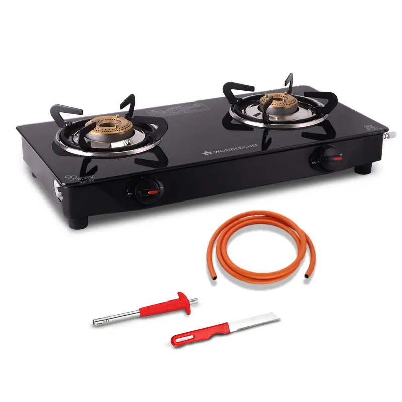 Zest Neo 2-Burner Gas Stove – Space-Saving Glass Top, Brass Burners, Isi Certified, Includes Free Lighter & Knife 1